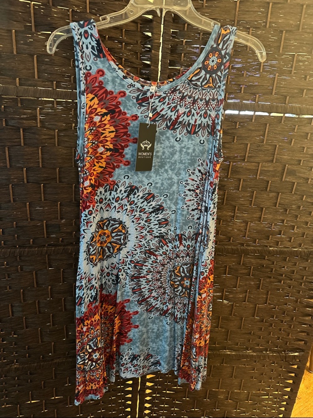 Sleeveless Blue Floral Medallion Swing Dress